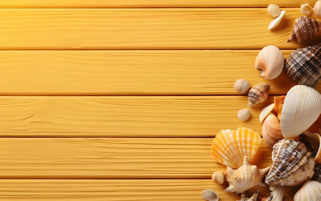 Conchiglie di mare su uno sfondo di legno giallo