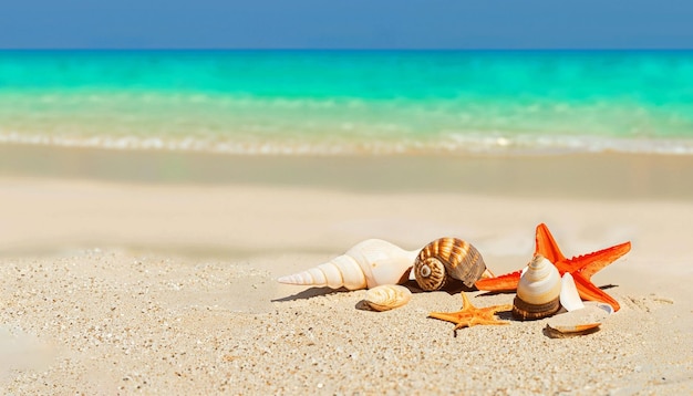 Conchiglie di mare sulla spiaggia con il mare sullo sfondo