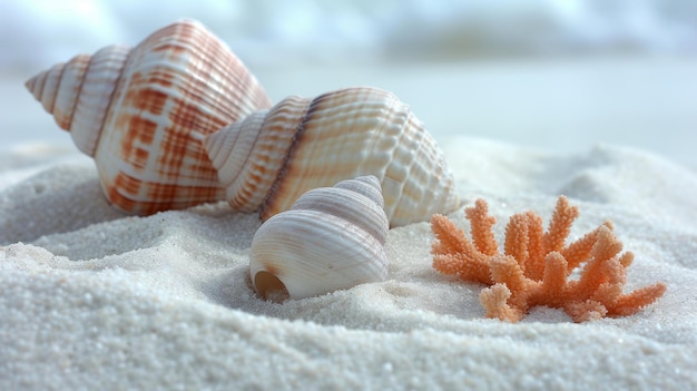 Conchiglie e coralli su sabbia bianca morbida Oceano Serenity Beach Vacanze e vacanze estive