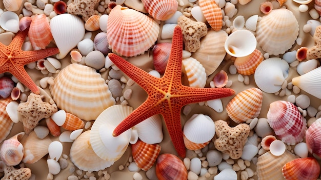 Conchiglie e stelle marine sparse sulla spiaggia