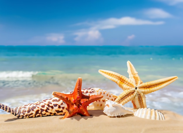 Conchiglie e stelle marine sulla bellissima spiaggia tropicale e mare con sfondo azzurro