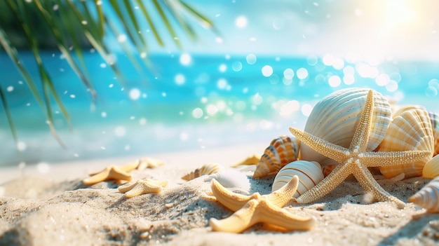 Conchiglie e stelle marine sulla spiaggia sabbiosa Concetto di vacanza estiva