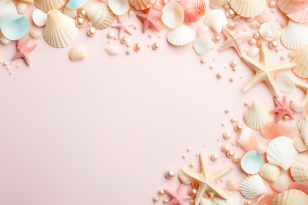 Conchiglie, stelle di mare e perle in colori rosa pastello e blu con spazio per la copia