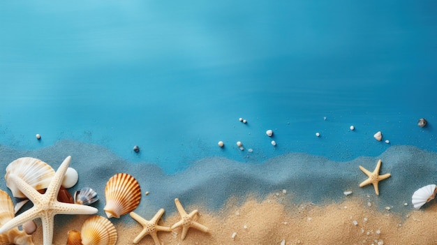 Conchiglie, stelle marine e pietre marine su uno sfondo blu Vacanze estive e concetto di viaggio Copia spazio