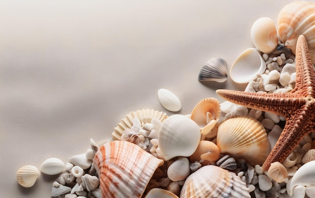 Conchiglie su una spiaggia con uno sfondo bianco