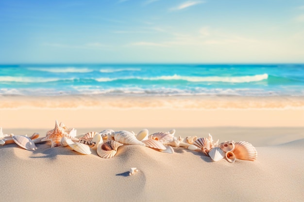 Conchiglie sulla sabbia in una spiaggia tropicale con cielo limpido