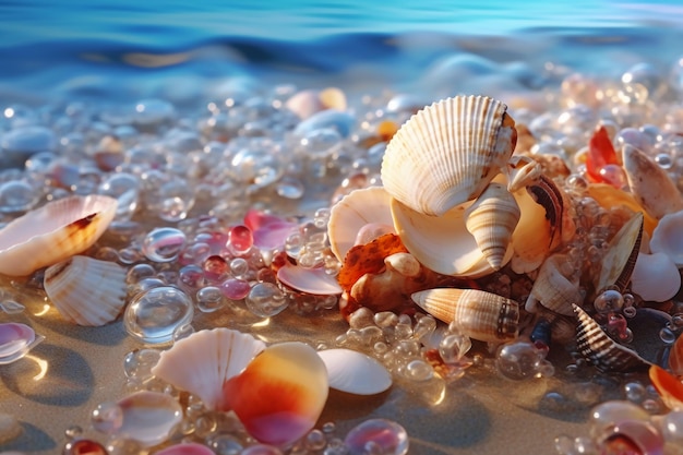 Conchiglie sulla spiaggia con il mare sullo sfondo