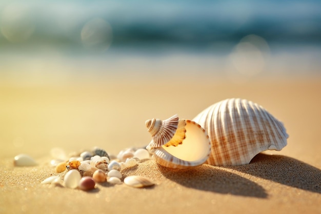 Conchiglie sulla spiaggia con il sole che splende su di loro