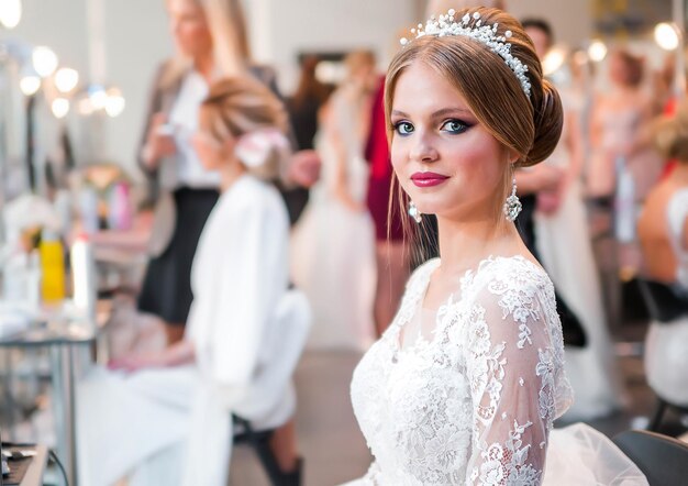 Concorrenza tra parrucchieri da sposa Modello in un abito da sposa con capelli e trucco guarda la macchina fotografica e sorride