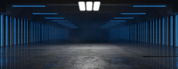 Concrete Spotlighting Garage Corridoio futuristico Showroom Scenario di cemento illuminato da proiettori Scenario futuristico luci LED Hangar rendering 3D