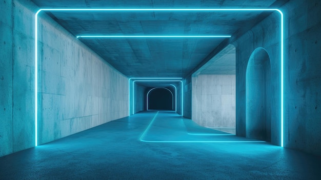 Concreto garage futuristico sfondo edificio moderno stanza o sala corridoio sotterraneo con luce neon blu concetto di costruzione interna di tunnel di magazzino