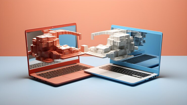 Condivisione di file senza interruzioni tra portatili Illustrazione 3D del trasferimento di dati tramite connessione di rete Immagine di stock
