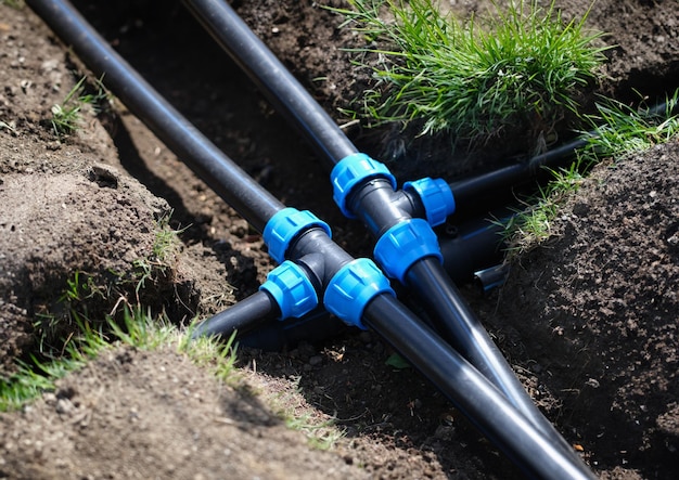 Conduttura in PVC in giardino e tubi neri in terra. Sistema di irrigazione del giardino e concetto di fognatura del paese