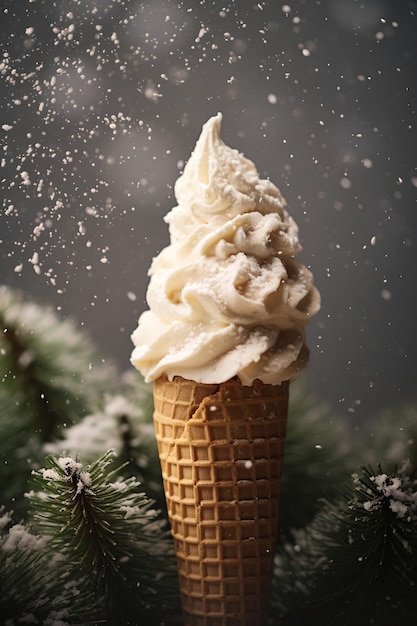 Cone di crema piatto con neve e albero di Natale su sfondo testurato