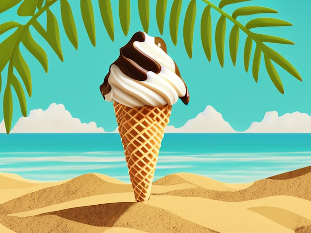 Cone di gelato alla vaniglia sulla spiaggia delle palme poster pubblicitario vettoriale con gelato 3D realistico in tazza di waffle con