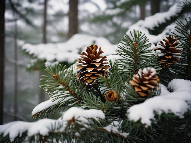 Cone di pino coperto da neve d'inverno