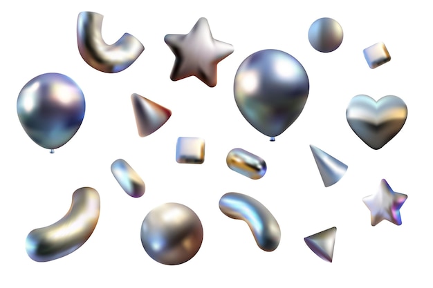 Confetti 3d figure cromate figure vettoriali stella in stile y2k ed elementi per il design congratulazioni poster