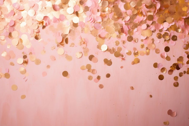 Confetti a foglio rosa sullo sfondo dorato e rosa Esplosione di confetti generata dall'AI