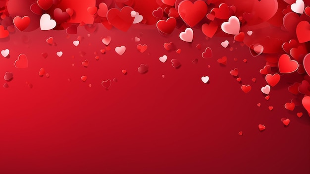 Confetti a forma di cuori luminosi su uno sfondo rosso di San Valentino