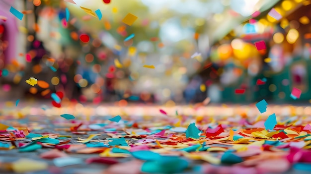 Confetti colorati caduti per strada con persone sfocate sullo sfondo Foto professionale