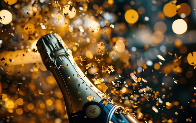 Confetti dorati che piovono su una bottiglia di champagne in un'atmosfera di festa