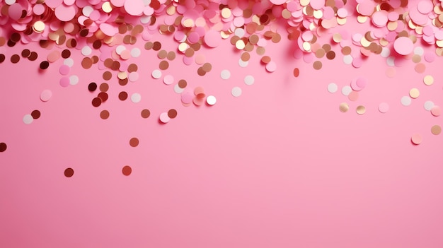 Confetti scintilla su uno sfondo rosa il tema di una vacanza e uno spazio di compleanno per il testo