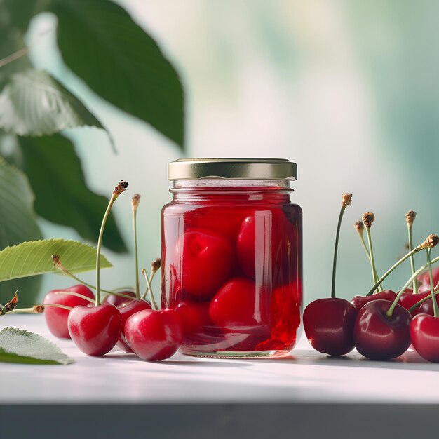 Confettura o marmellata di ciliegie fatta in casa in un barattolo di vetro circondato da ciliegie fresche