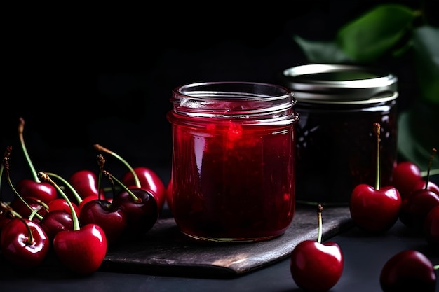 Confettura o marmellata di ciliegie fatta in casa in un barattolo di vetro circondato da ciliegie fresche