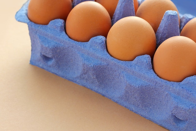 Confezione blu carta di uova di gallina marroni. agricoltura naturale, prodotti ambientali, cibo sano.