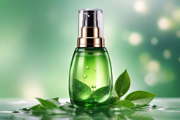 confezione di bottiglia cosmetica crema per la cura della pelle set di siero per tè verde Bokeh e sfondo d'acqua
