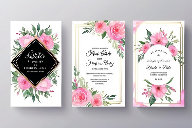 Confezione di cornici per inviti a nozze acquerello floreale Digital hand drawn Pink Flower design Invitation Card