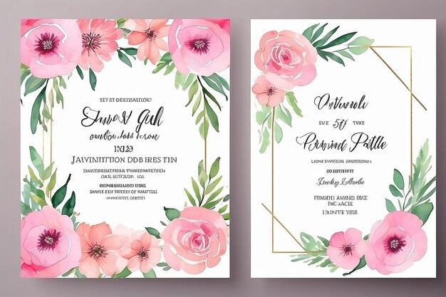 Confezione di cornici per inviti a nozze acquerello floreale Digital hand drawn Pink Flower design Invitation Card