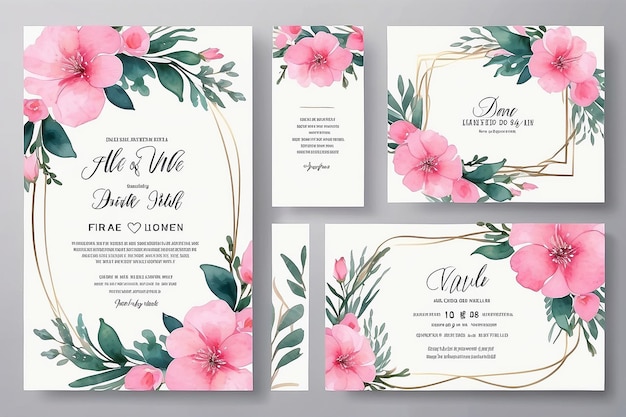 Confezione di cornici per inviti a nozze acquerello floreale Digital hand drawn Pink Flower design Invitation Card