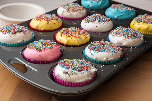 Confezione di cupcakes perfettamente glassati e decorati con zuccherini creati con ai generativa