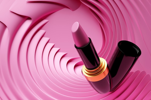 Confezione di rossetto illustrazione 3D con forme astratte rosa moderne eleganza cosmetici annunci banner mockup concetto di trucco di bellezza