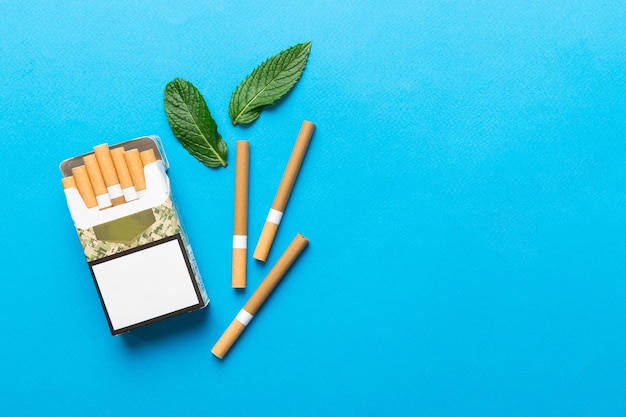 Confezione di sigarette al mentolo e menta fresca su tavolo colorato Sigarette al mentolo vista dall'alto piatto