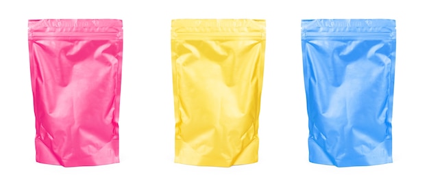 Confezione Doy-pack, Doypack Foil Doypack in bianco dorato per alimenti o bevande con chiusura a zip. Modello di confezione di plastica