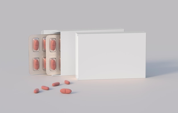 Confezione in cartone con due blister con pillole vitaminiche Modello mockup rendering 3d