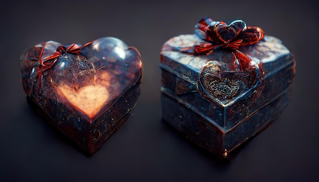 Confezione regalo a forma di cuore con nastro su sfondo colorato sfocato