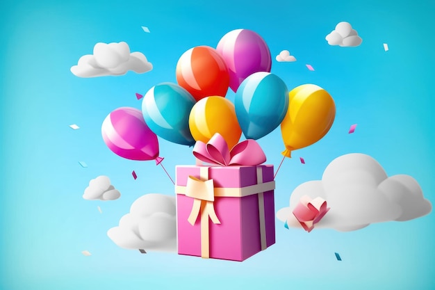 Confezione regalo a sorpresa con palloncini vibranti su uno sfondo di cielo blu IA generativa