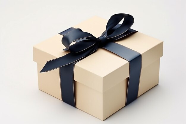 Confezione regalo beige con fiocco nero su sfondo bianco spazio per la copia di vendita del giorno di Santo Stefano per il testo AI generativa