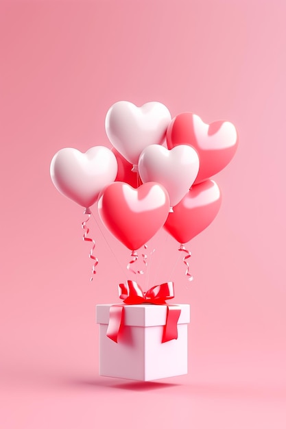 Confezione regalo bianca con fiocco rosa e palloncini su sfondo rosa illustrazione 3D Ai generato