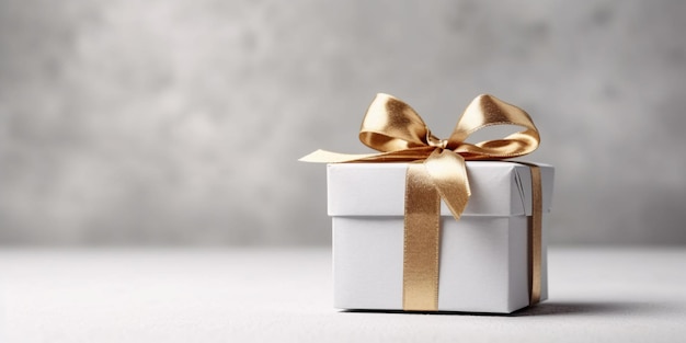 Confezione regalo bianca con nastro d'oro su sfondo bianco Regalo di Natale IA generativa