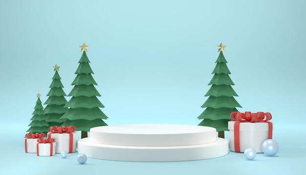 Confezione regalo bianca con rendering 3D con albero di natale su sfondo blu