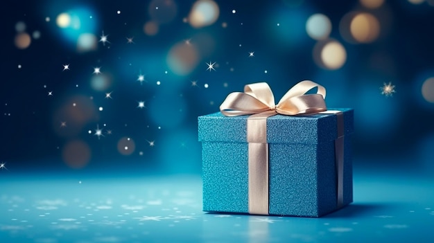 Confezione regalo blu con decorazioni natalizie su sfondo di legno IA generativa