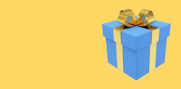 Confezione regalo blu realistica con icona di rendering 3D con nastro dorato su sfondo giallo spazio di testo