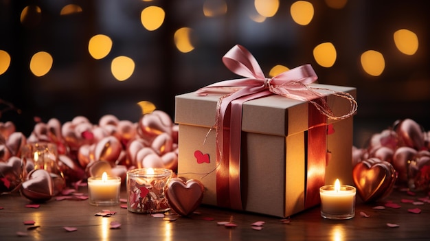 Confezione regalo con bel cuore su sfondo di luci sfocate celebrazione del giorno di san valentino ai