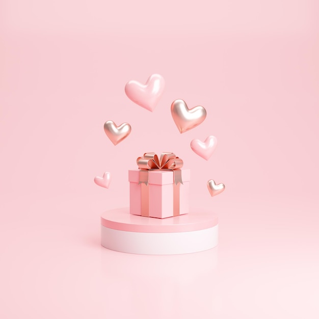 Confezione regalo con cuori di carta su piedistallo San Valentino sfondo vacanza rendering 3d