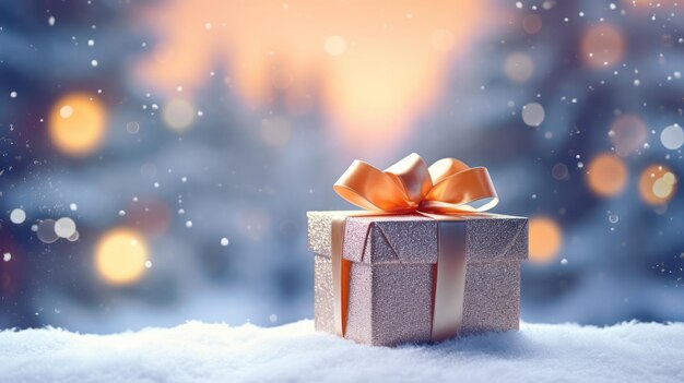 Confezione regalo con fiocco dorato su neve e sfondo bokeh