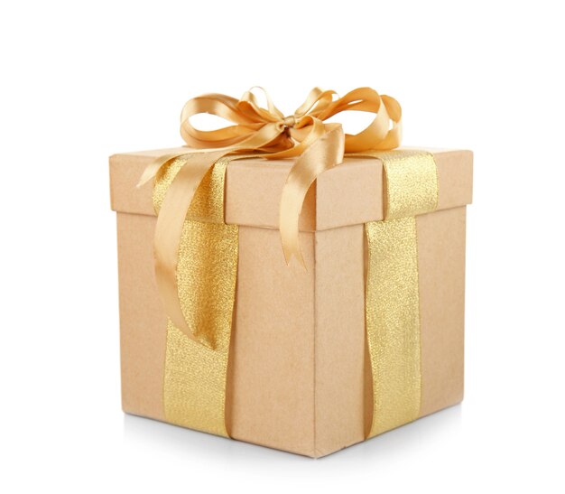 Confezione regalo con fiocco in nastro dorato isolato